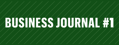 Green banner with diagonal lines and white text reading 'BUSINESS JOURNAL #1.'