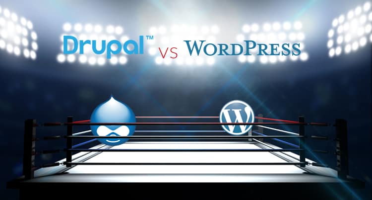 image of boxing ring with Drupal logo at left and WordPress logo at right in ring